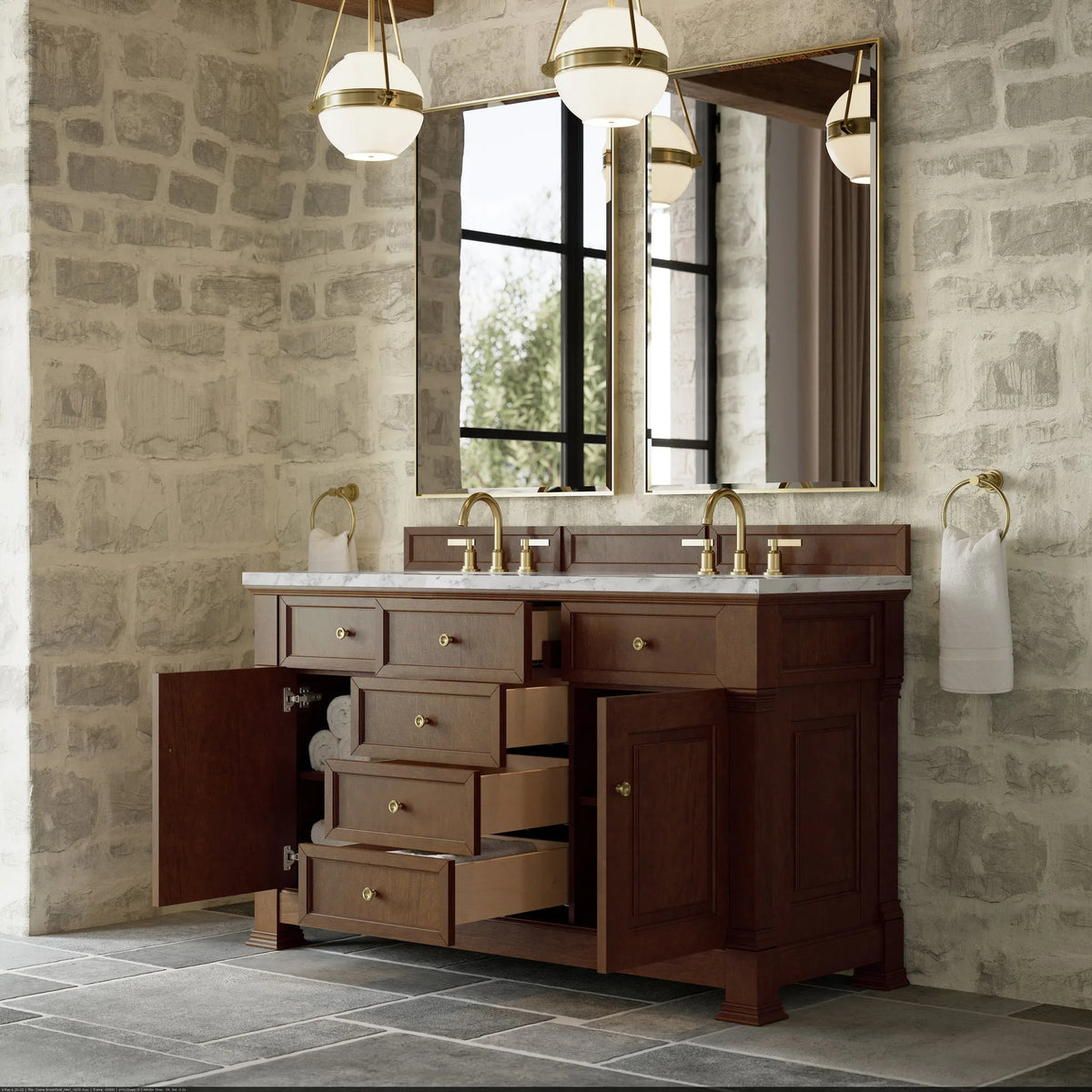 Brookfield 60" Double Vanity, Honey Oak w/3 CM Carrara White Marble Top