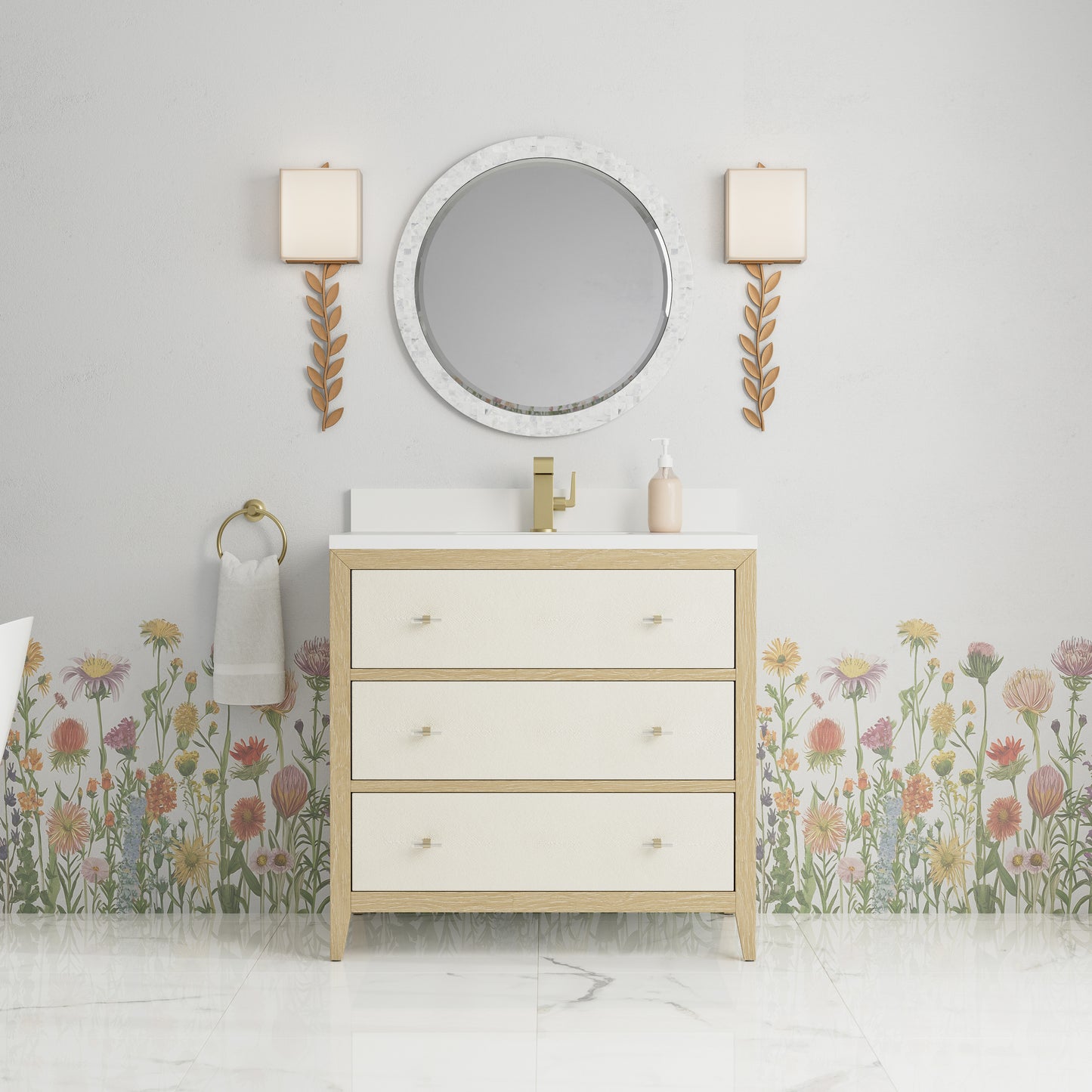 Renovate for Less Atlanta Celeste 36" Single Vanity, Sunwashed Oak with Embossed Shagreen w/ Single Hole 3 CM White Zeus Silestone Top & Backsplash