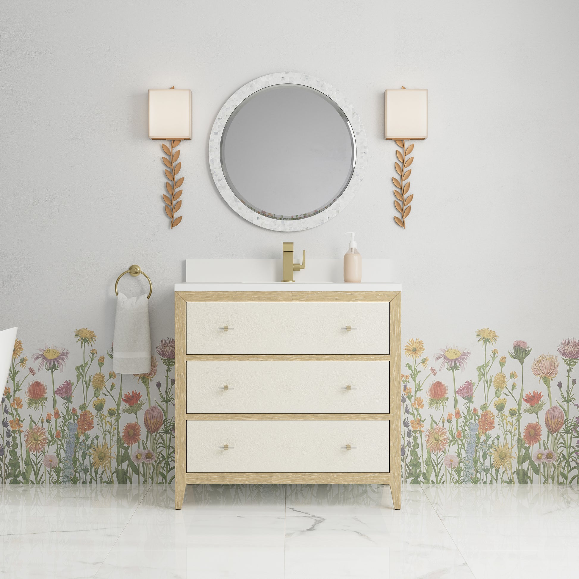 Renovate for Less Atlanta Celeste 36" Single Vanity, Sunwashed Oak with Embossed Shagreen w/ Single Hole 3 CM White Zeus Silestone Top & Backsplash