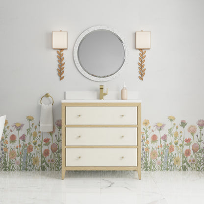 Renovate for Less Atlanta Celeste 36" Single Vanity, Sunwashed Oak with Embossed Shagreen w/ Single Hole 3 CM White Zeus Silestone Top & Backsplash