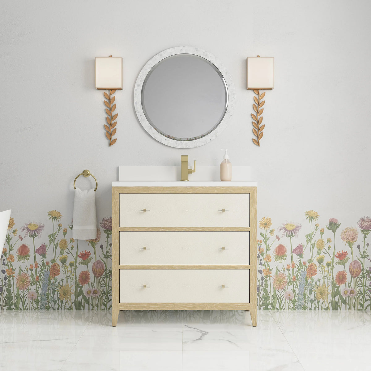 Celeste 36" Single Vanity, Sunwashed Oak with Embossed Shagreen w/ Single Hole 3 CM White Zeus Silestone Top & Backsplash
