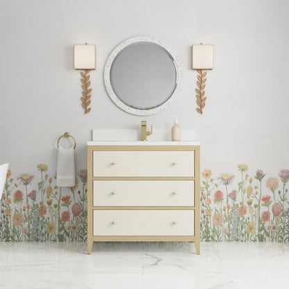 Celeste 36" Single Vanity, Sunwashed Oak with Embossed Shagreen w/ Single Hole 3 CM White Zeus Silestone Top & Backsplash