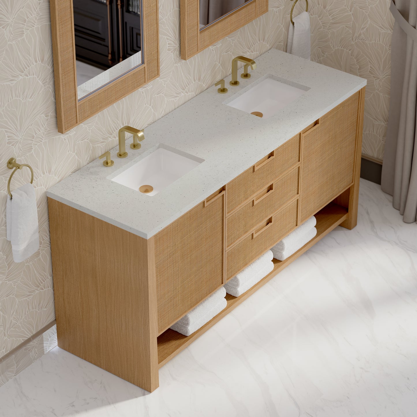 Renovate for Less Atlanta Solene 72" Double Vanity, Seaside Oak, w/ 3 CM Lime Delight Quartz Top
