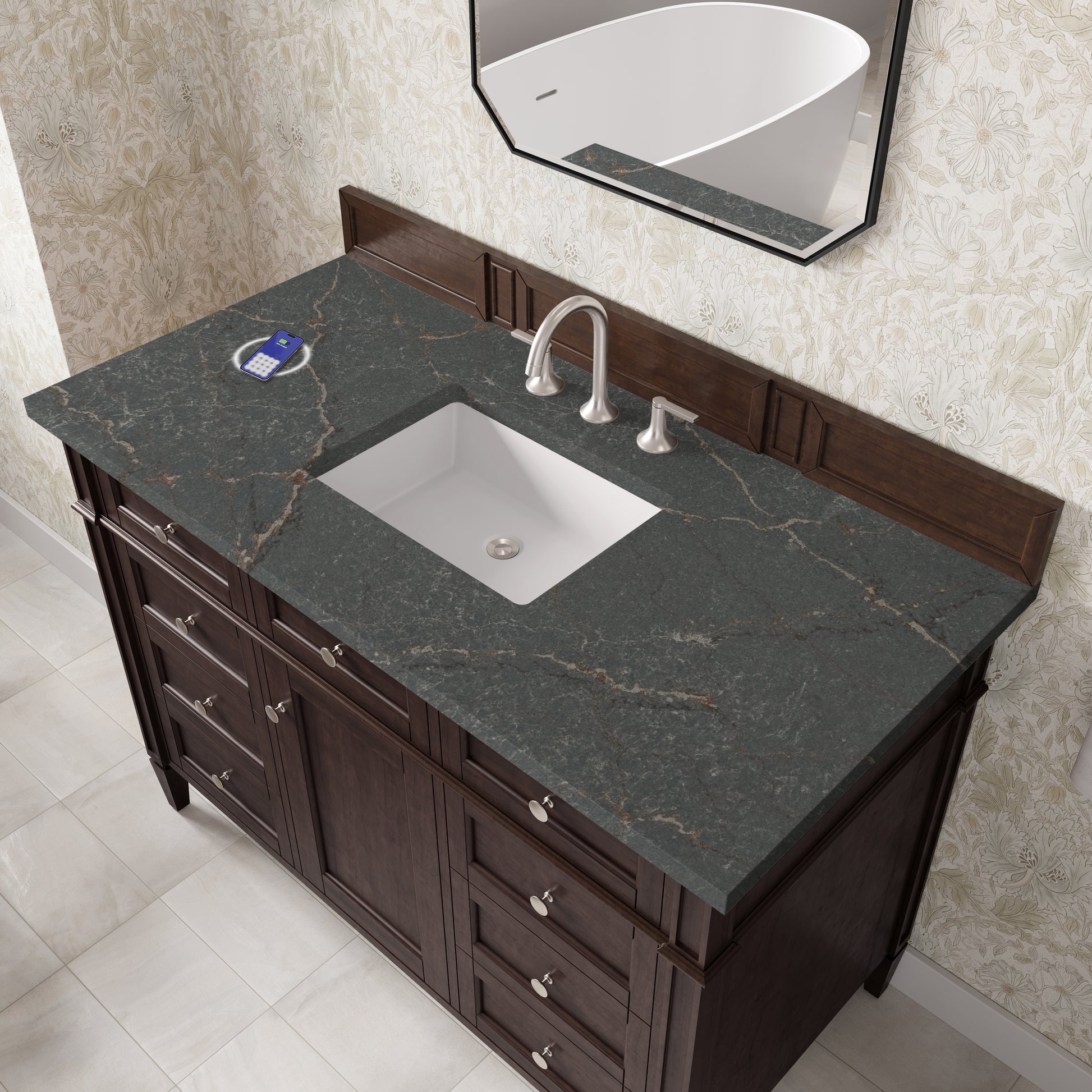 Renovate for Less Atlanta Brittany 48" Single Vanity, Burnished Mahogany w/ 3 CM Parisien Bleu Silestone Top w/FreePower Wireless Charger