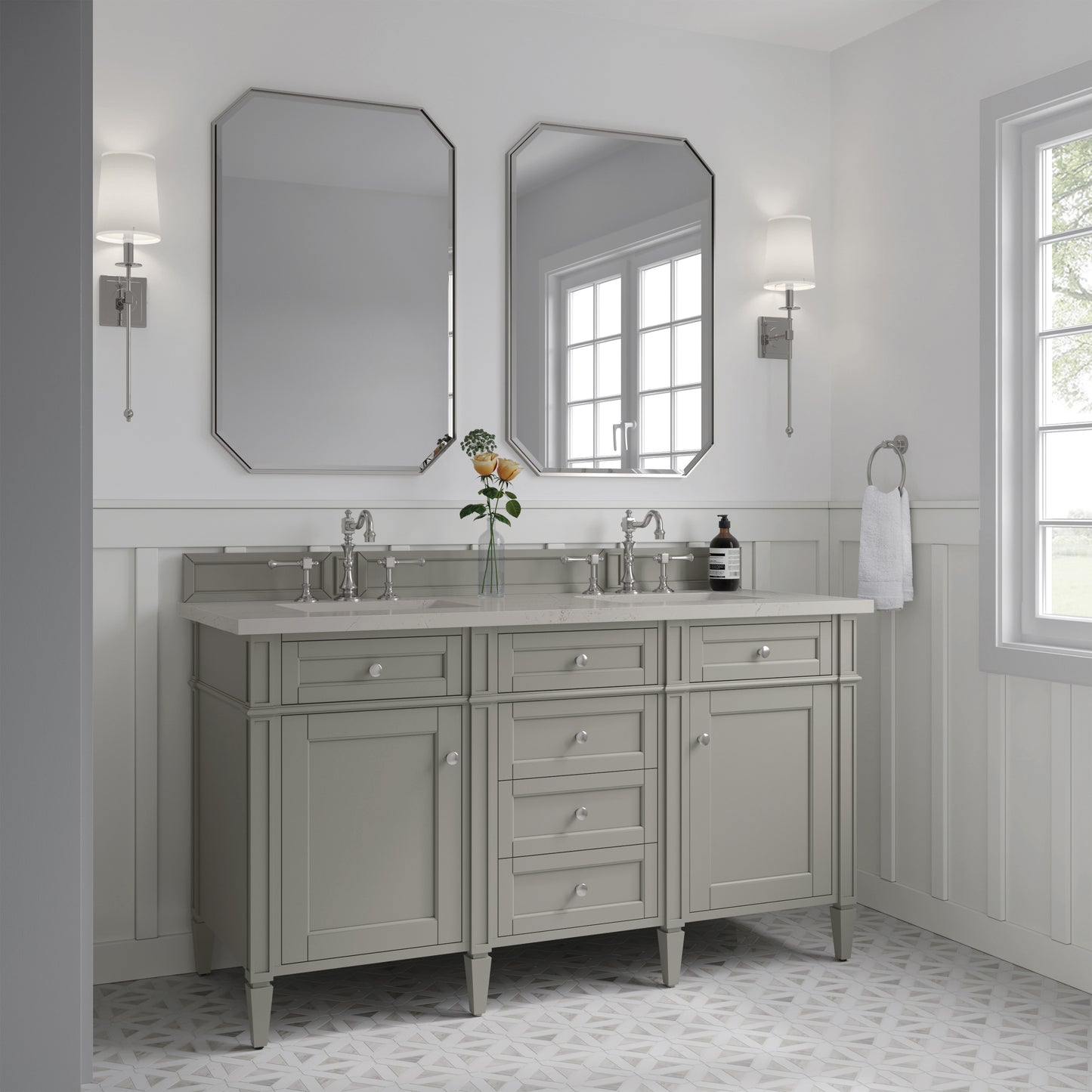 Renovate for Less Atlanta Brittany 60" Double Vanity, Urban Gray, w/ 3 CM Siberian Silestone Top w/FreePower Wireless Charger