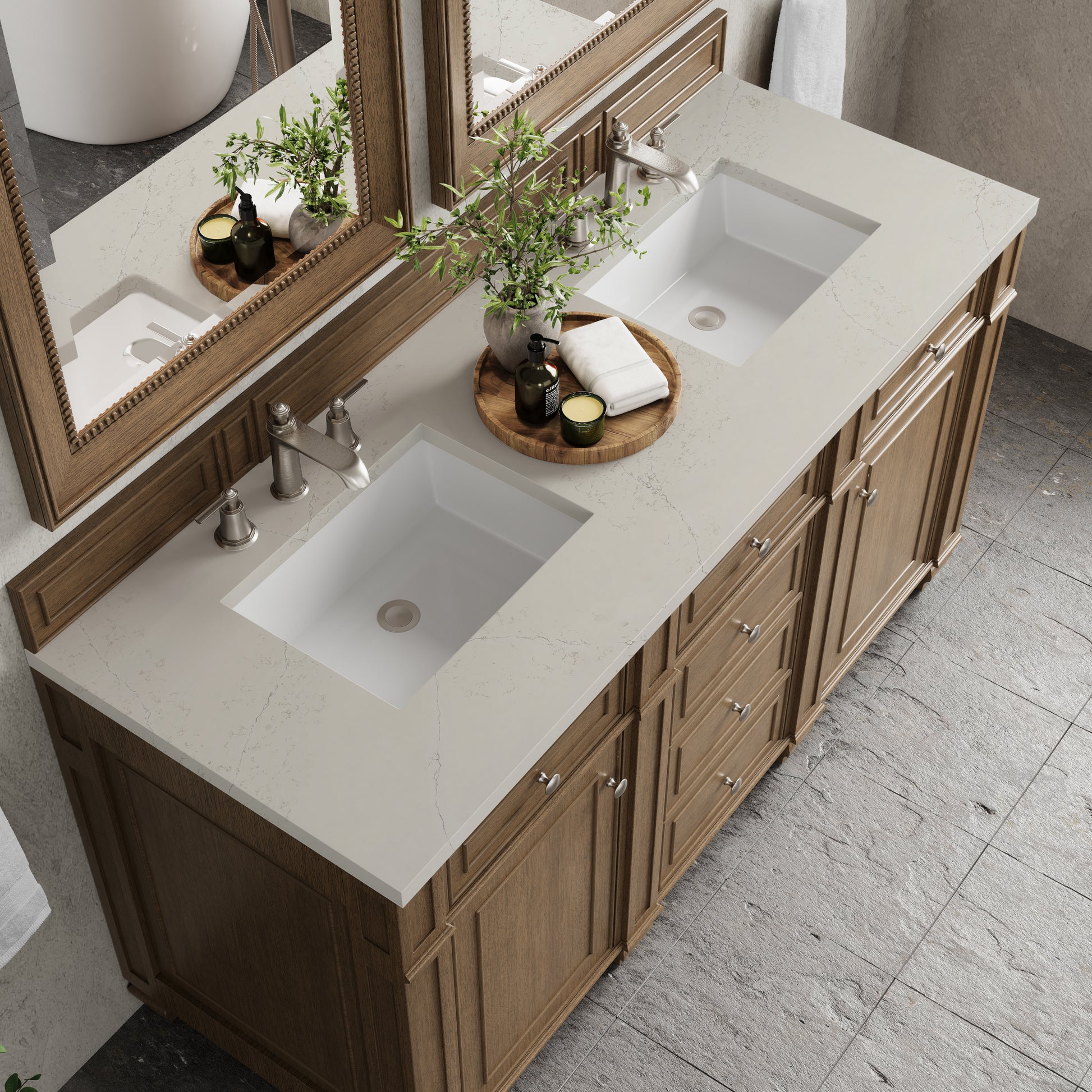 Renovate for Less Atlanta Bristol 60" Double Vanity, Saddle Brown, w/ 3 CM Siberian Silestone Top