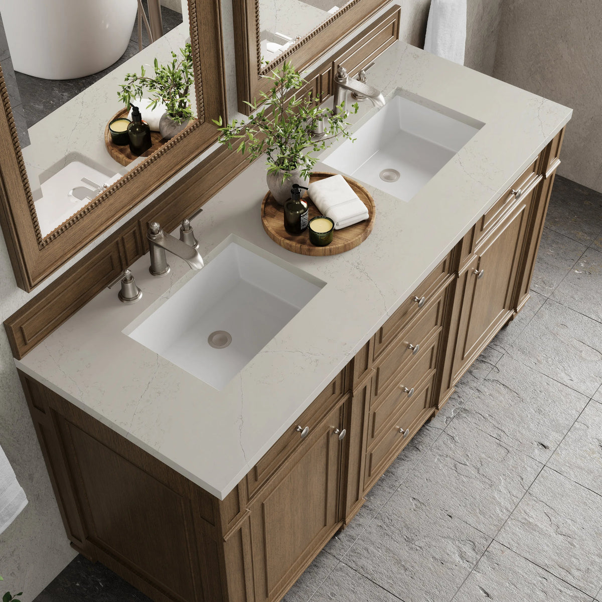 Bristol 60" Double Vanity, Saddle Brown, w/ 3 CM Siberian Silestone Top