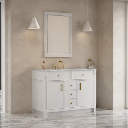 Renovate for Less Atlanta Bellshire 48" Single Vanity, Bright White w/ 3 CM Carrara Marble Top