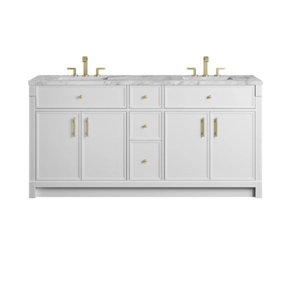 Bellshire 72" Double Vanity, Bright White w/ 3 CM Carrara Marble Top