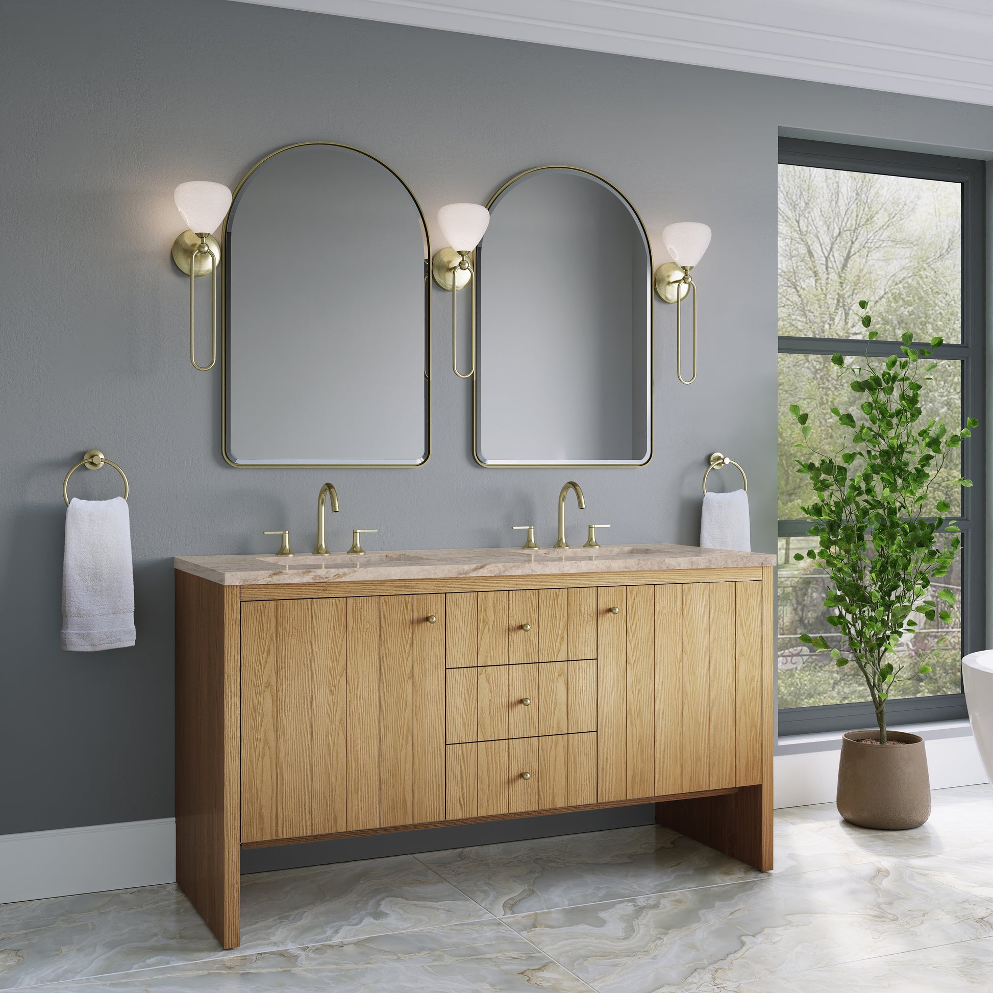 Renovate for Less Atlanta Hudson 60" Double Vanity, Light Natural Oak, w/ 3 CM Tajnar Eclos Top