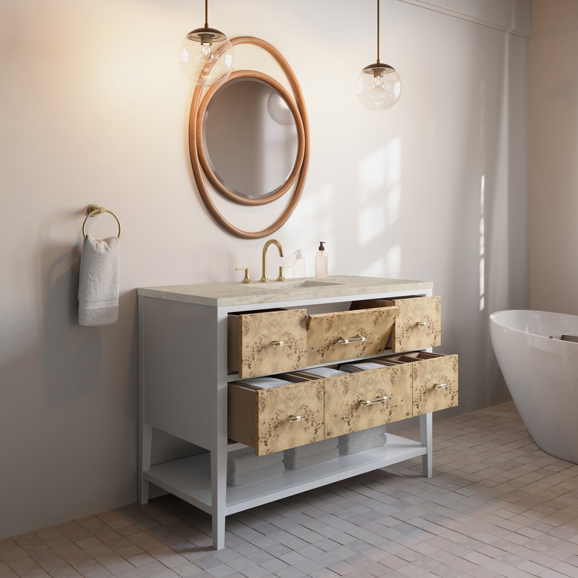 Renovate for Less Atlanta Olena 48" Single Vanity, Light Mappa Burl and Polished White, w/ 3 CM Tajnar Eclos Top w/FreePower Wireless Charger