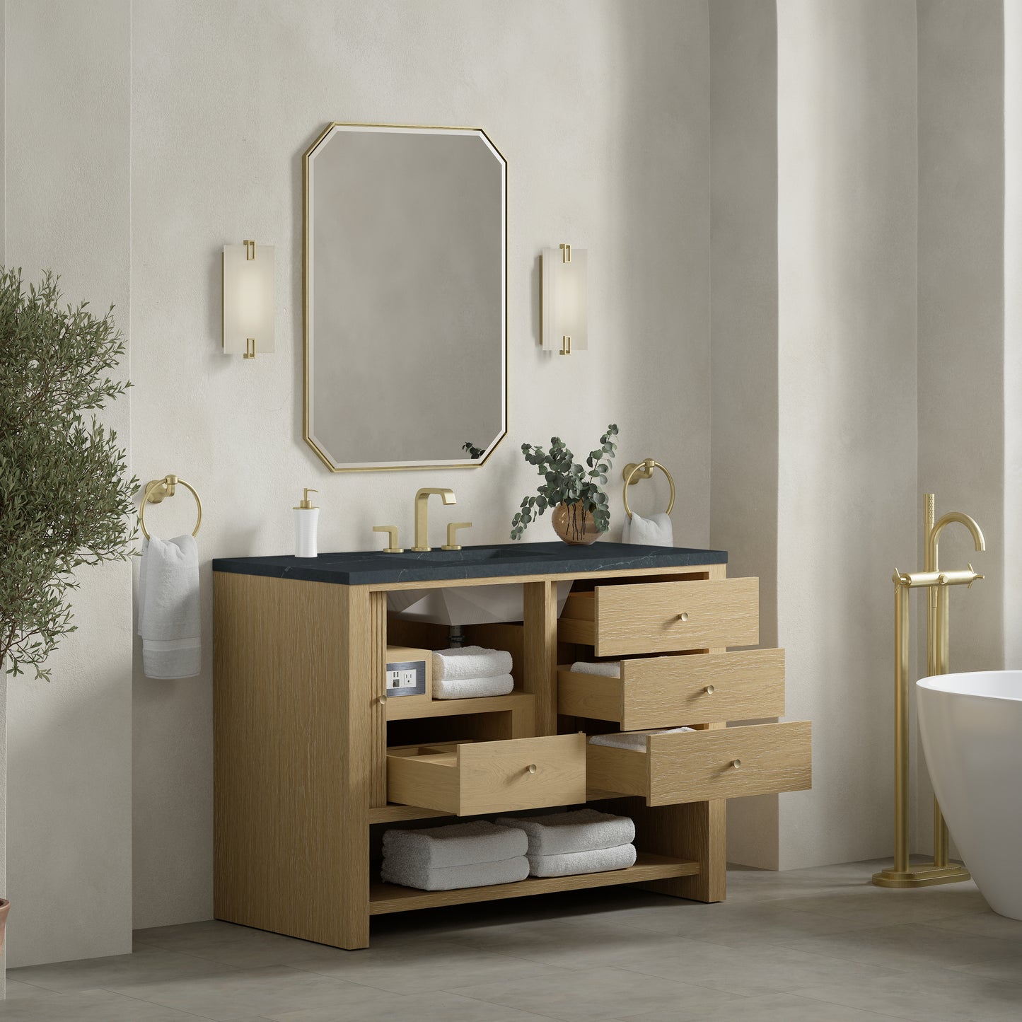 Renovate for Less Atlanta Marigot 48" Single Vanity, Sunwashed Oak w/ 3 CM Charcoal Soapstone Silestone Top