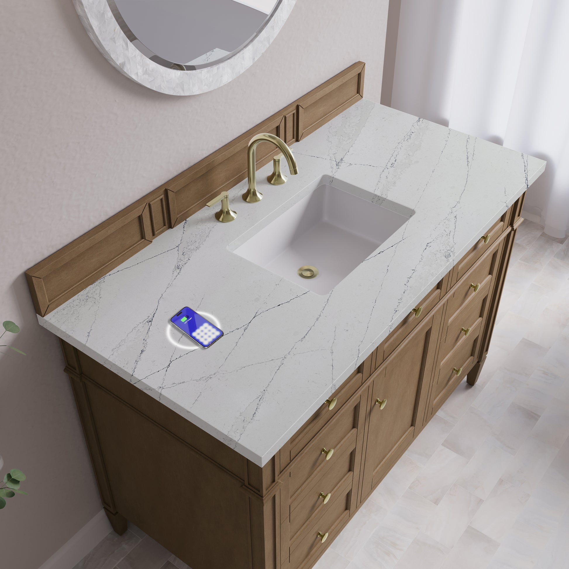 Renovate for Less Atlanta Brittany 48" Single Vanity, Pecan w/ 3 CM Ethereal Noctis Silestone Top w/FreePower Wireless Charger