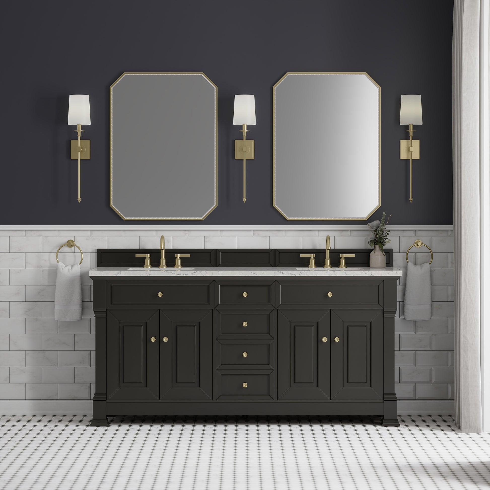 Renovate for Less Atlanta Brookfield 72" Double Vanity, Black Onyx w/ 3 CM Eternal Jasmine Pearl Silestone Top