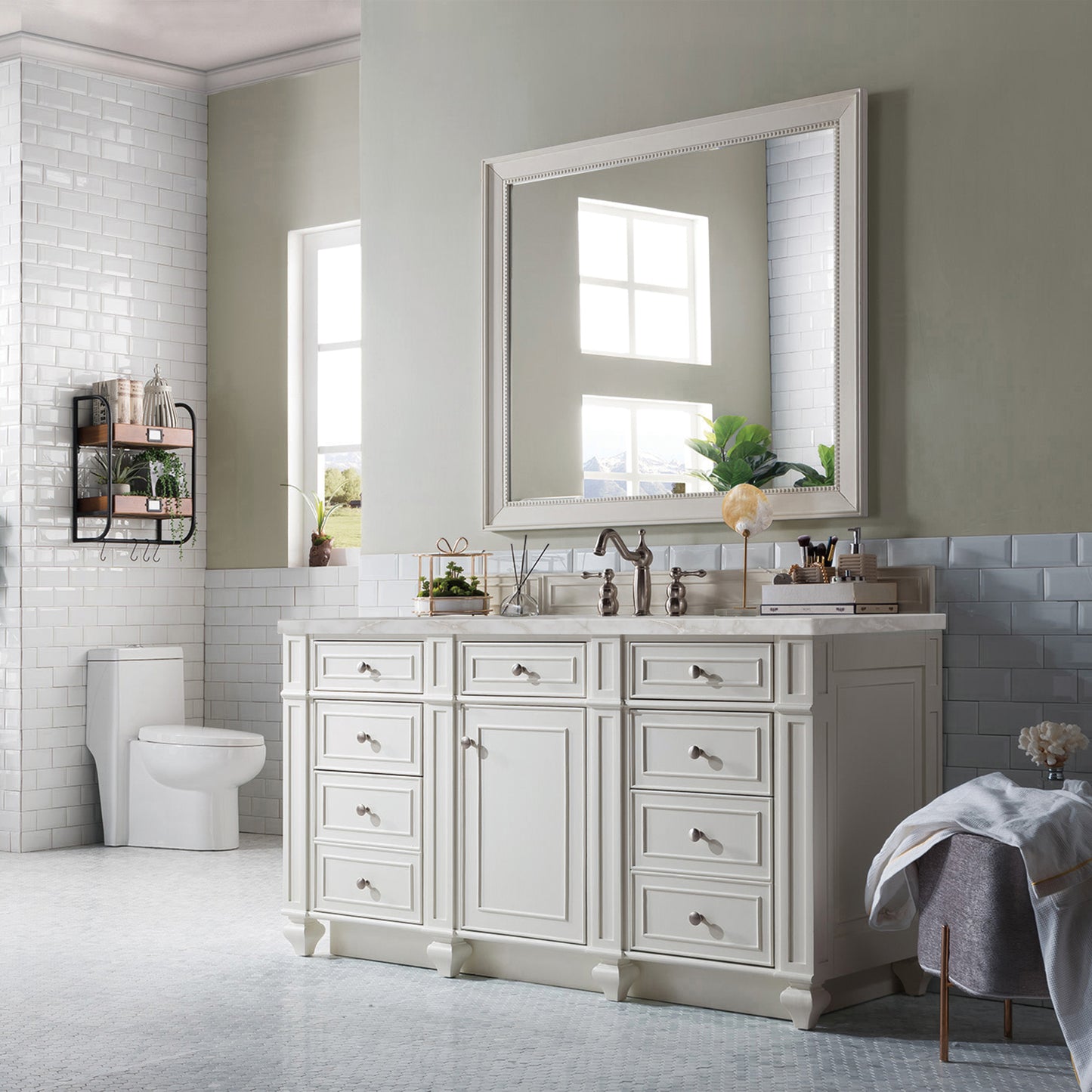 Renovate for Less Atlanta Bristol 60" Single Vanity, Bright White w/ 3 CM Victorian Silver Silestone Top w/FreePower Wireless Charger