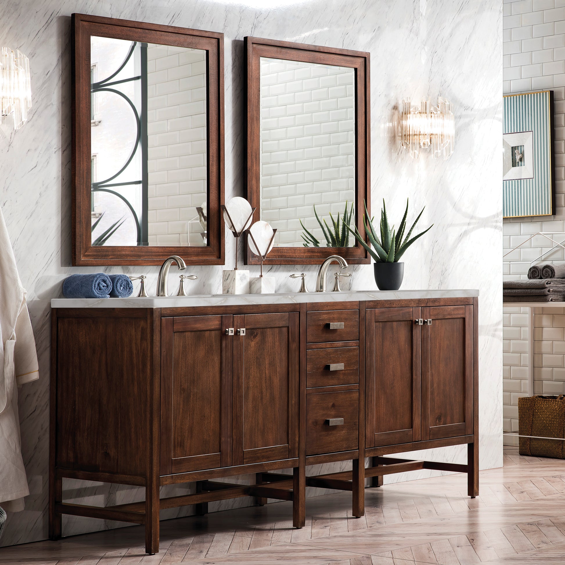 Renovate for Less Atlanta Addison 72" Double Vanity, Mid-Century Acacia w/ 3 CM Victorian Silver Silestone Top