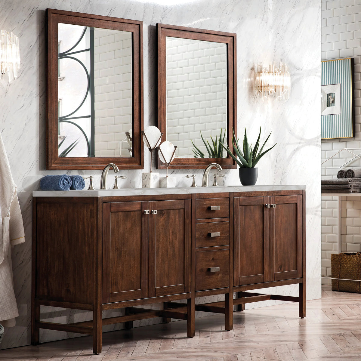 Addison 72" Double Vanity, Mid-Century Acacia w/ 3 CM Victorian Silver Silestone Top