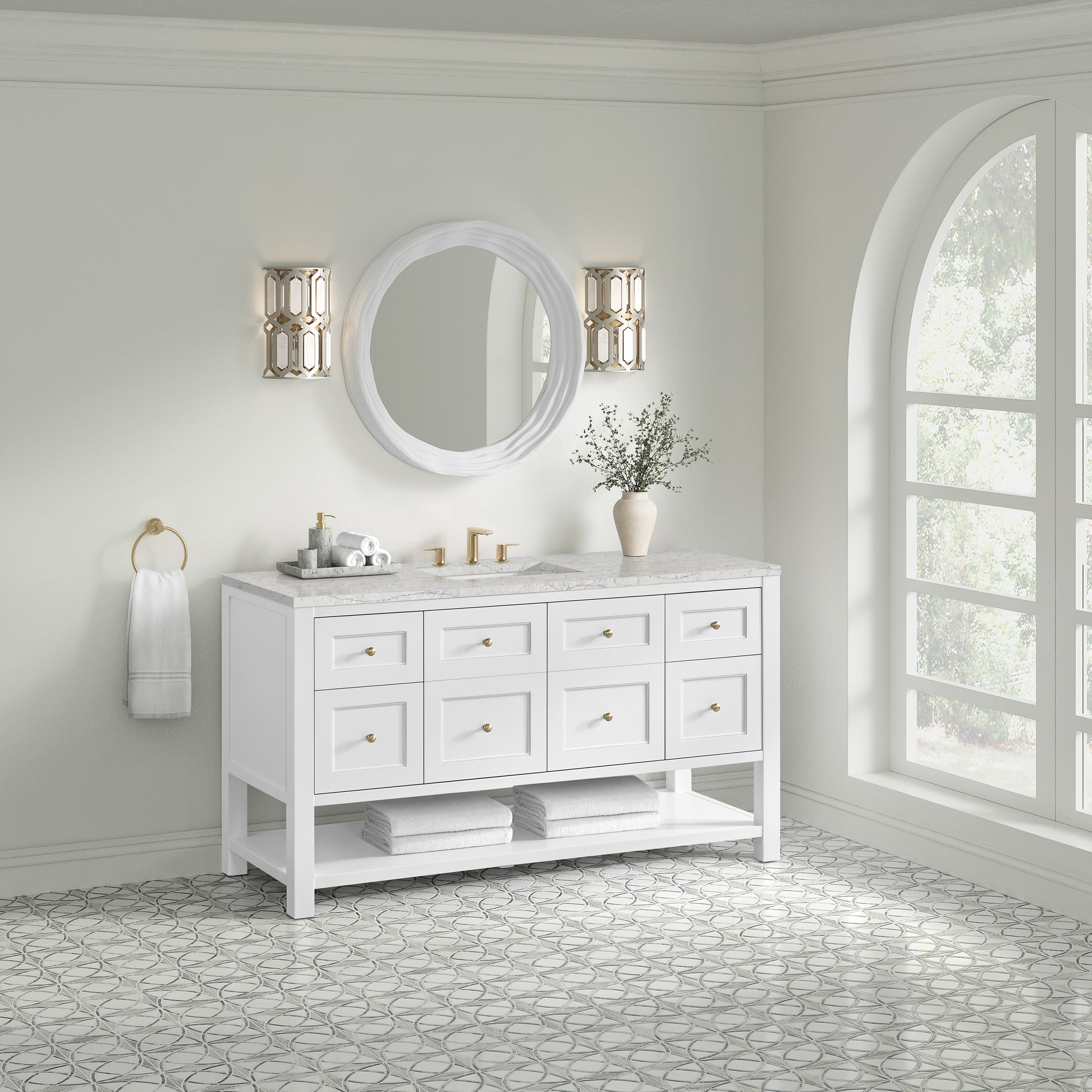 Renovate for Less Atlanta Breckenridge 60" Single Vanity, Bright White, w/ 3 CM Eternal Jasmine Pearl Silestone Top w/ FreePower Wireless Charger