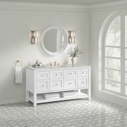Renovate for Less Atlanta Breckenridge 60" Single Vanity, Bright White, w/ 3 CM Eternal Jasmine Pearl Silestone Top w/ FreePower Wireless Charger