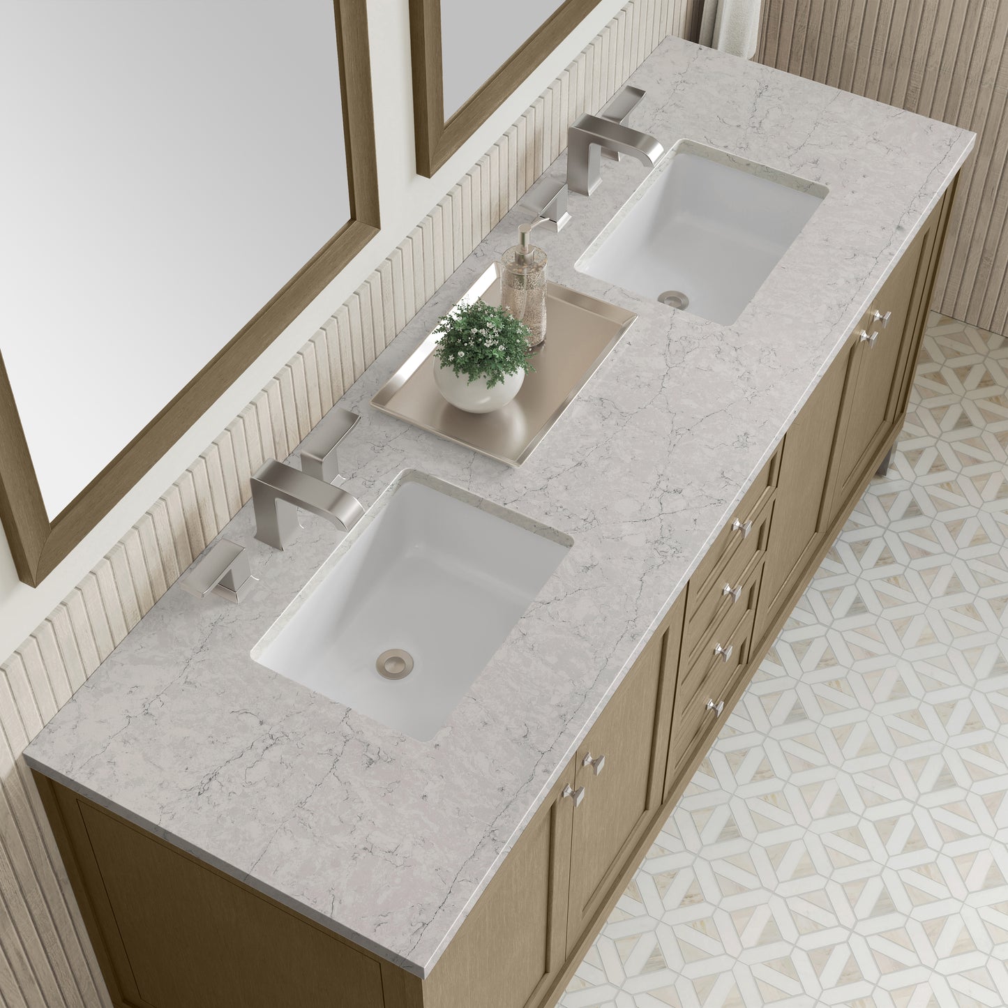 Renovate for Less Atlanta Chicago 72" Double Vanity, Walnut Whisper, w/ 3 CM Eternal Jasmine Pearl Silestone® Top