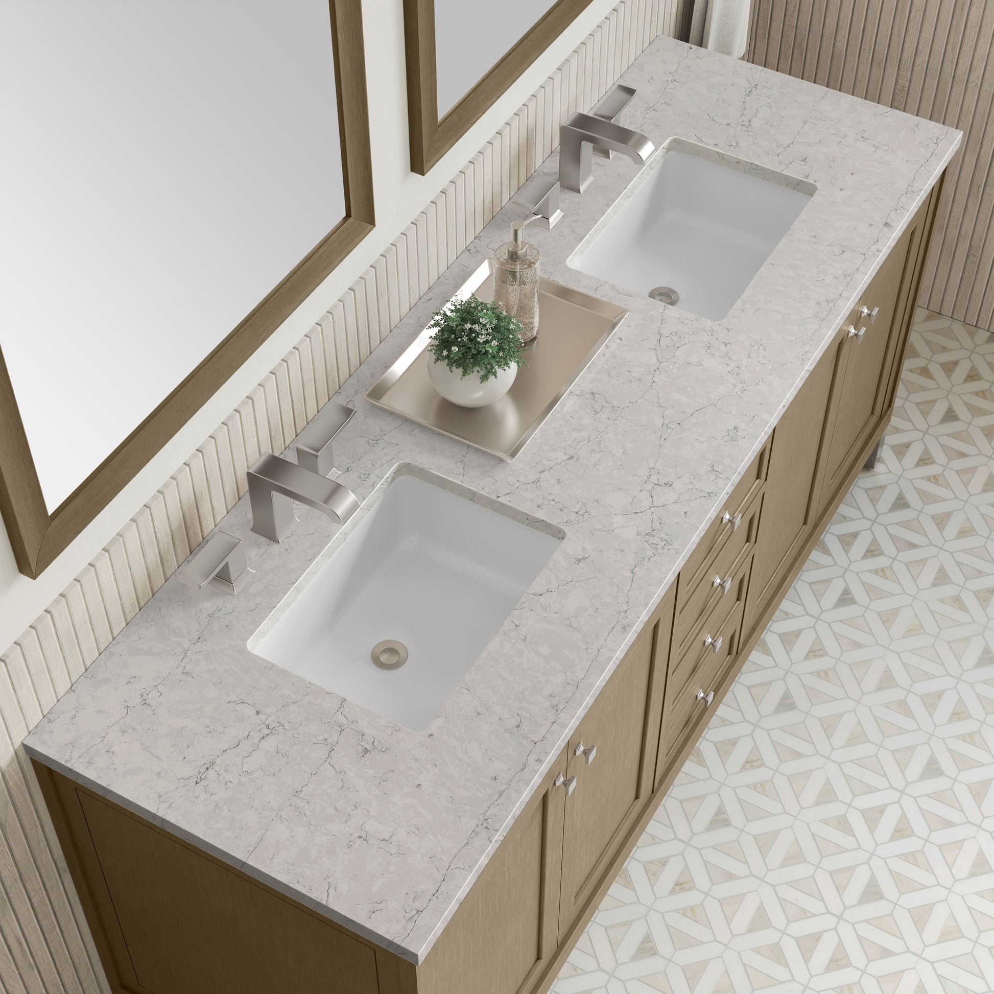 Renovate for Less Atlanta Chicago 72" Double Vanity, Walnut Whisper, w/ 3 CM Eternal Jasmine Pearl Silestone® Top