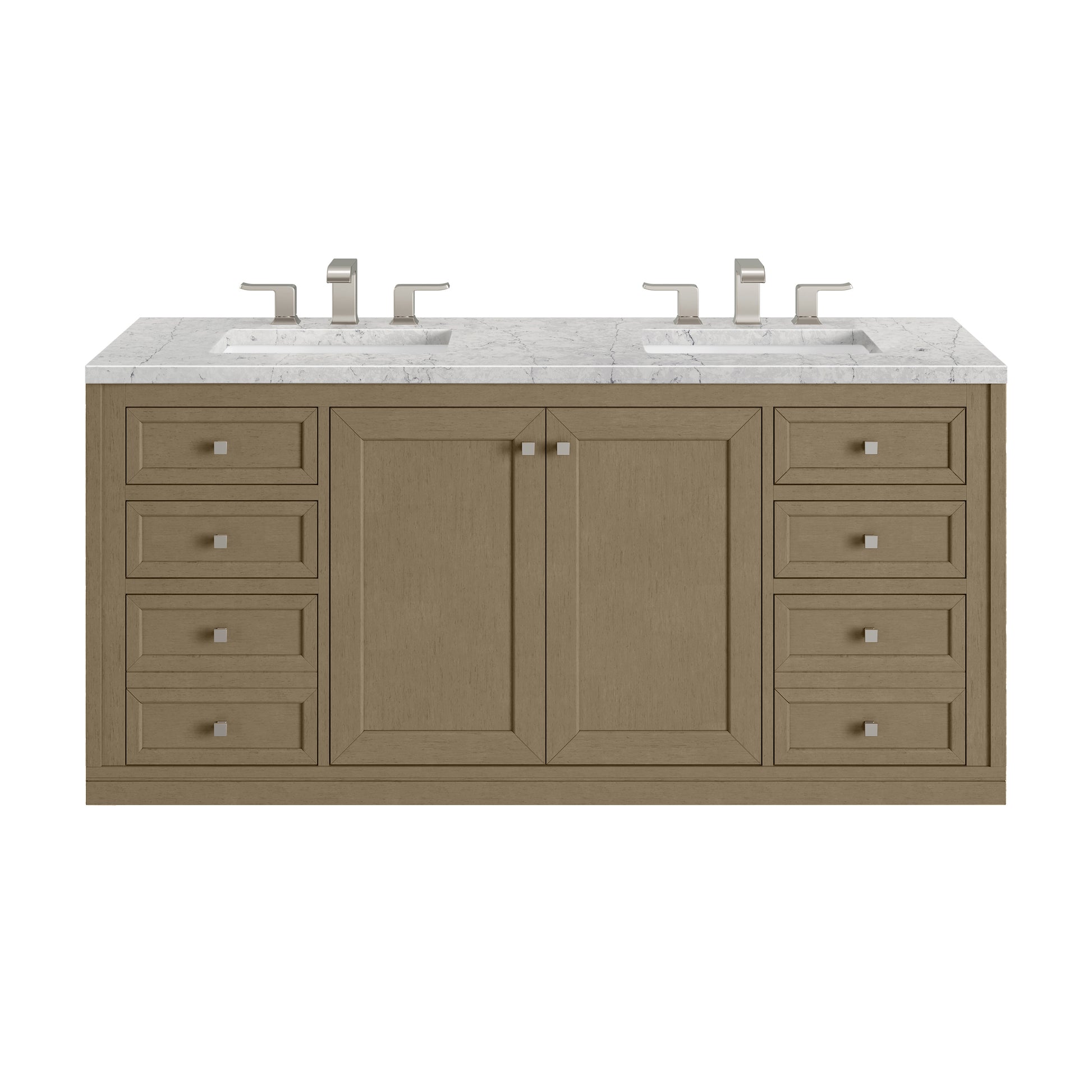Renovate for Less Atlanta Chicago 60" Double Vanity, Walnut Whisper, w/ 3 CM Eternal Jasmine Pearl Silestone® Top