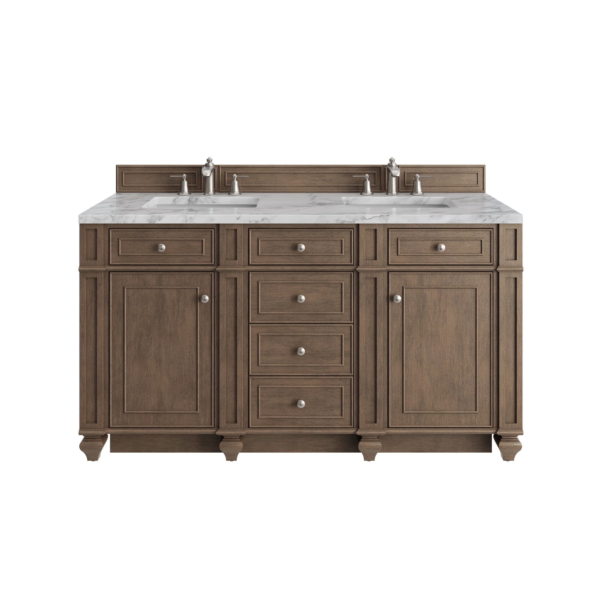 Renovate for Less Atlanta Bristol 60" Double Vanity, Whitewashed Walnut w/ 3 CM Carrara Marble Top