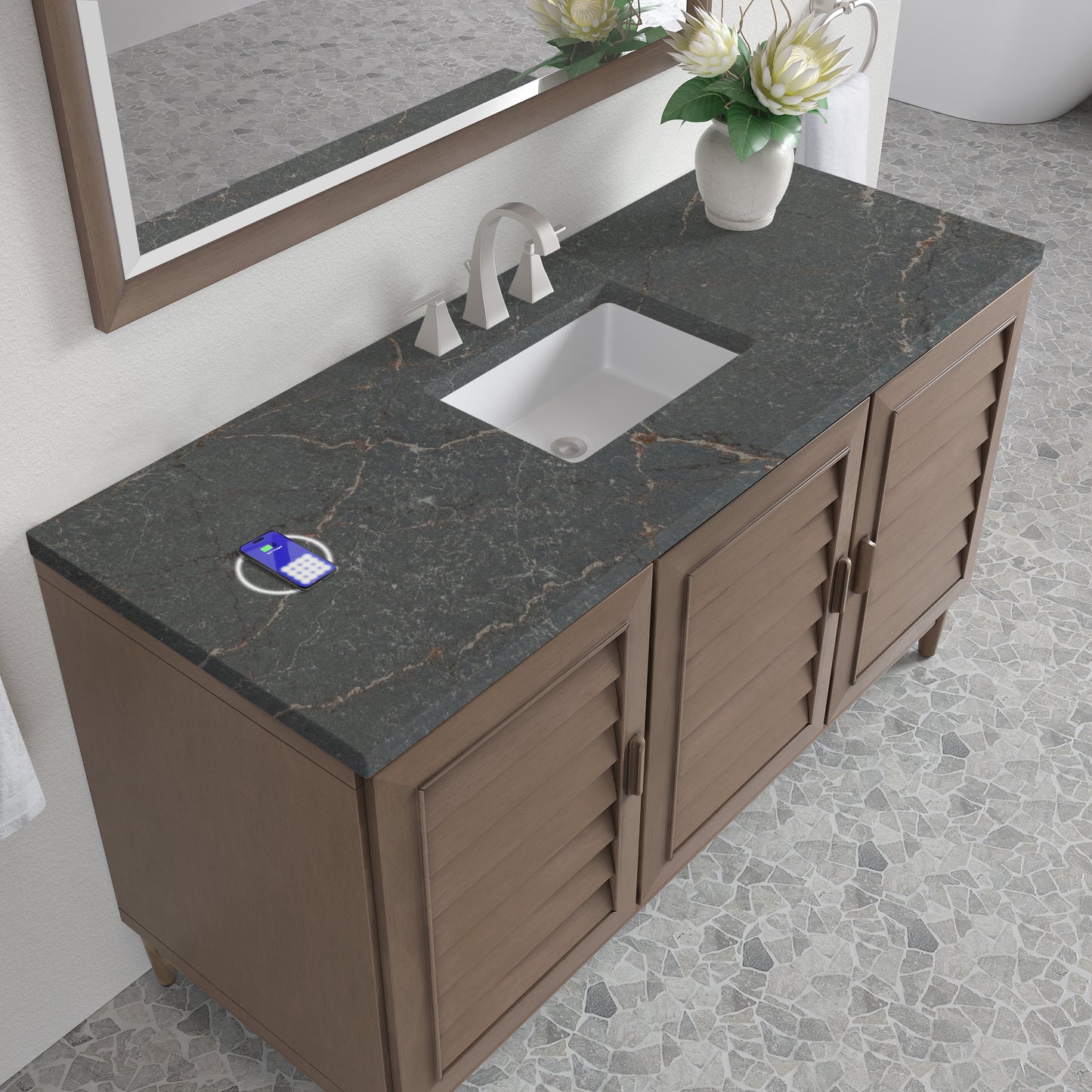 Renovate for Less Atlanta Portland 60" Single Vanity Whitewashed Walnut w/ 3 CM Parisien Bleu Silestone Top w/FreePower Wireless Charger