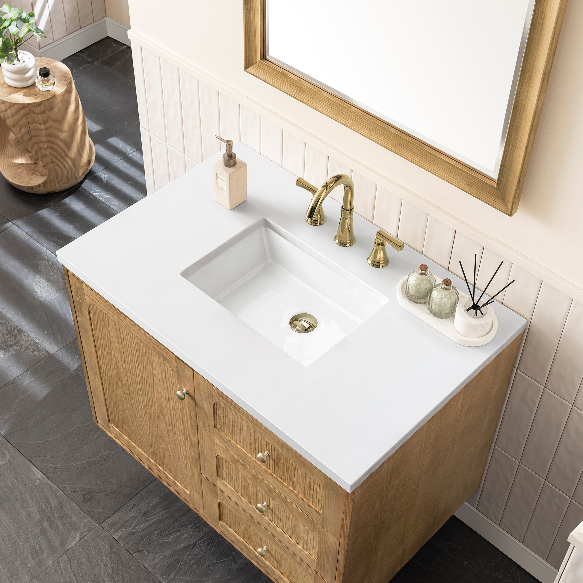 Renovate for Less Atlanta Laurent 36" Single Vanity, Light Natural Oak w/ 3 CM White Zeus Top