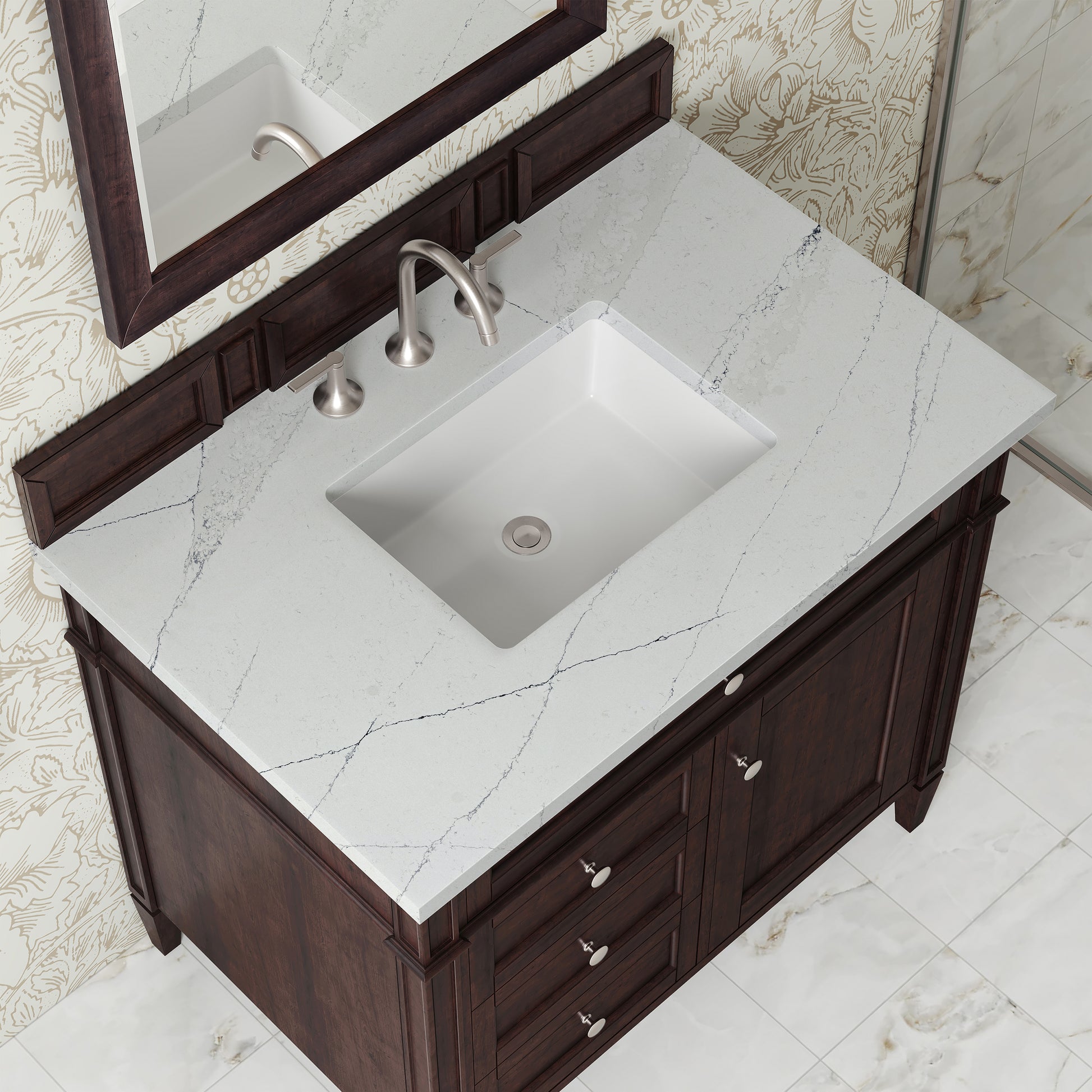 Renovate for Less Atlanta Brittany 36" Single Vanity, Burnished Mahogany w/ 3 CM Ethereal Noctis Silestone Top
