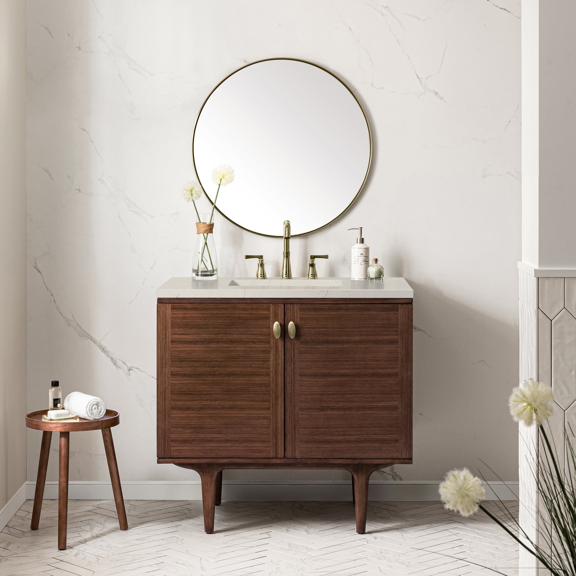 Renovate for Less Atlanta Amberly 36" Single Vanity, Mid-Century Walnut, w/ 3 CM Siberian Silestone Top