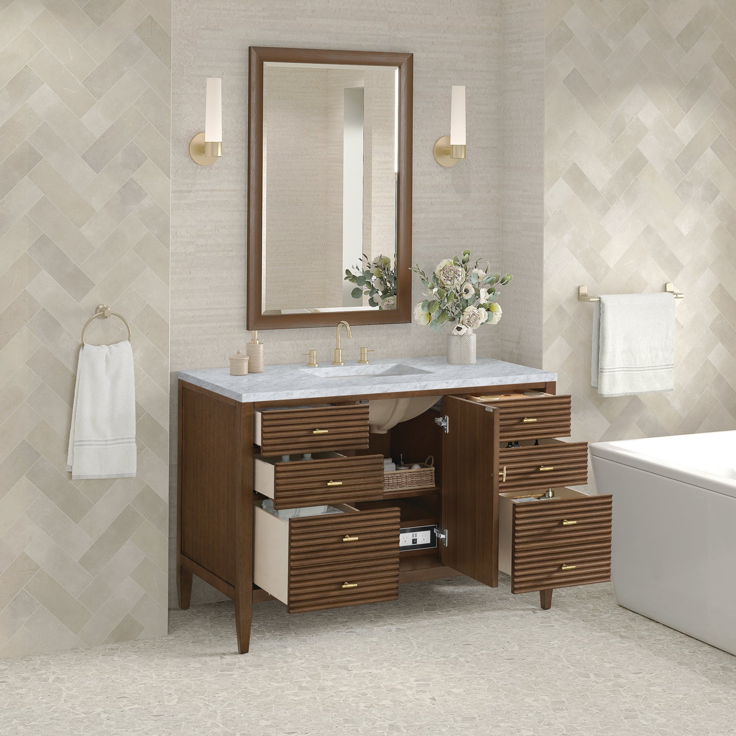 Renovate for Less Atlanta Myrrin 48" Single Vanity, Mid Century Walnut w/ 3 CM Carrara White Marble Top