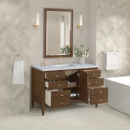 Myrrin 48" Single Vanity, Mid Century Walnut w/ 3 CM Carrara White Marble Top