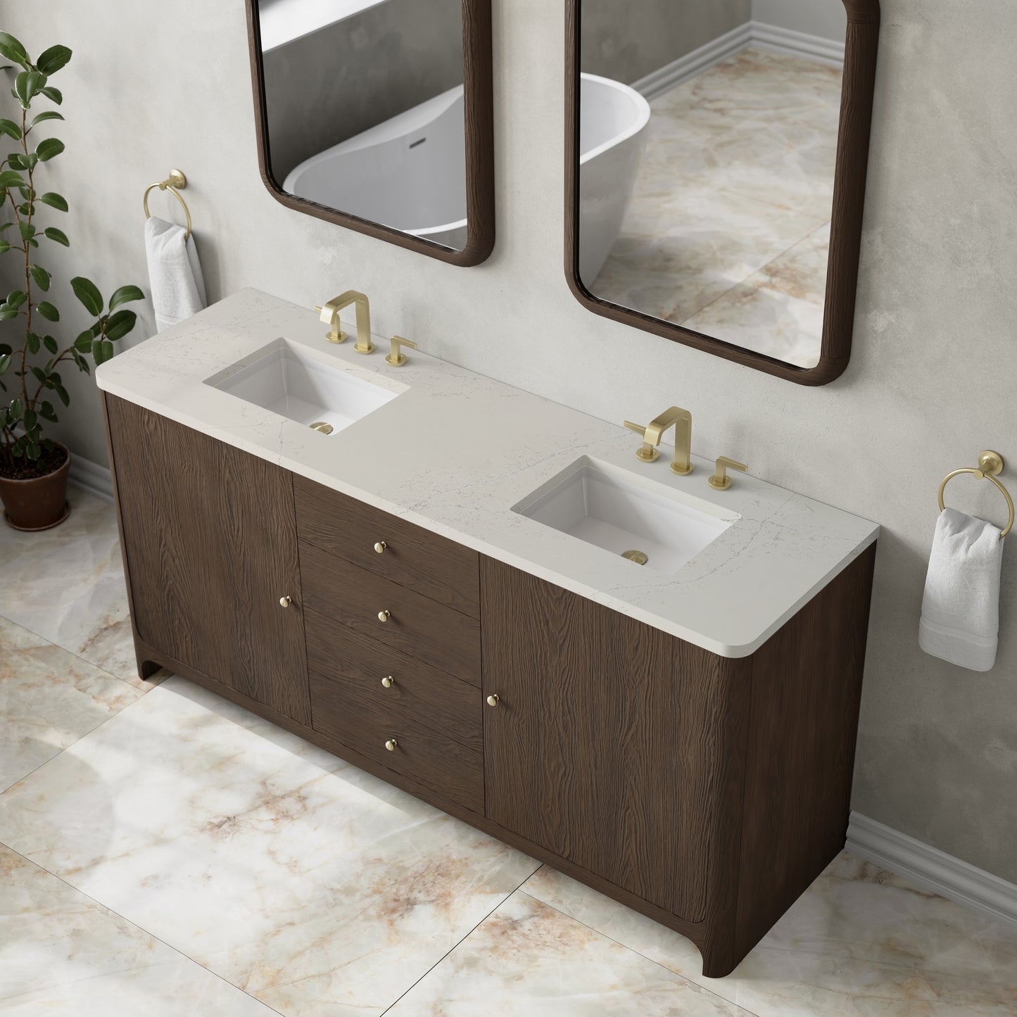 Renovate for Less Atlanta Gracyn 72" Double Vanity, Sable, w/ 3 CM Siberian Silestone Widespread Top