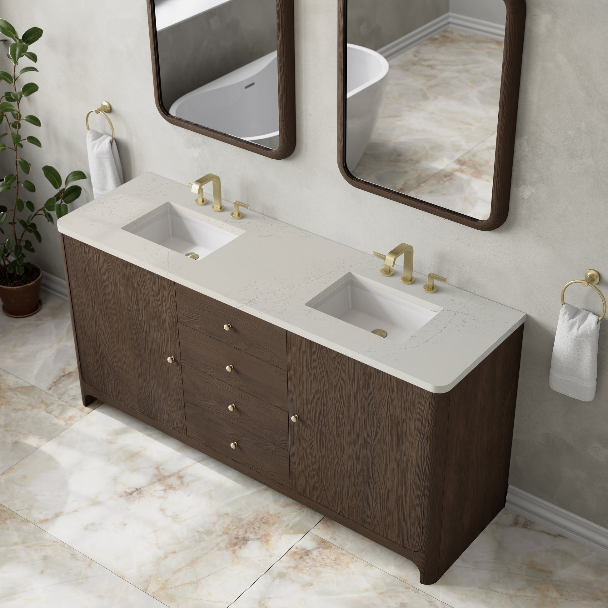 Renovate for Less Atlanta Gracyn 72" Double Vanity, Sable, w/ 3 CM Siberian Silestone Widespread Top