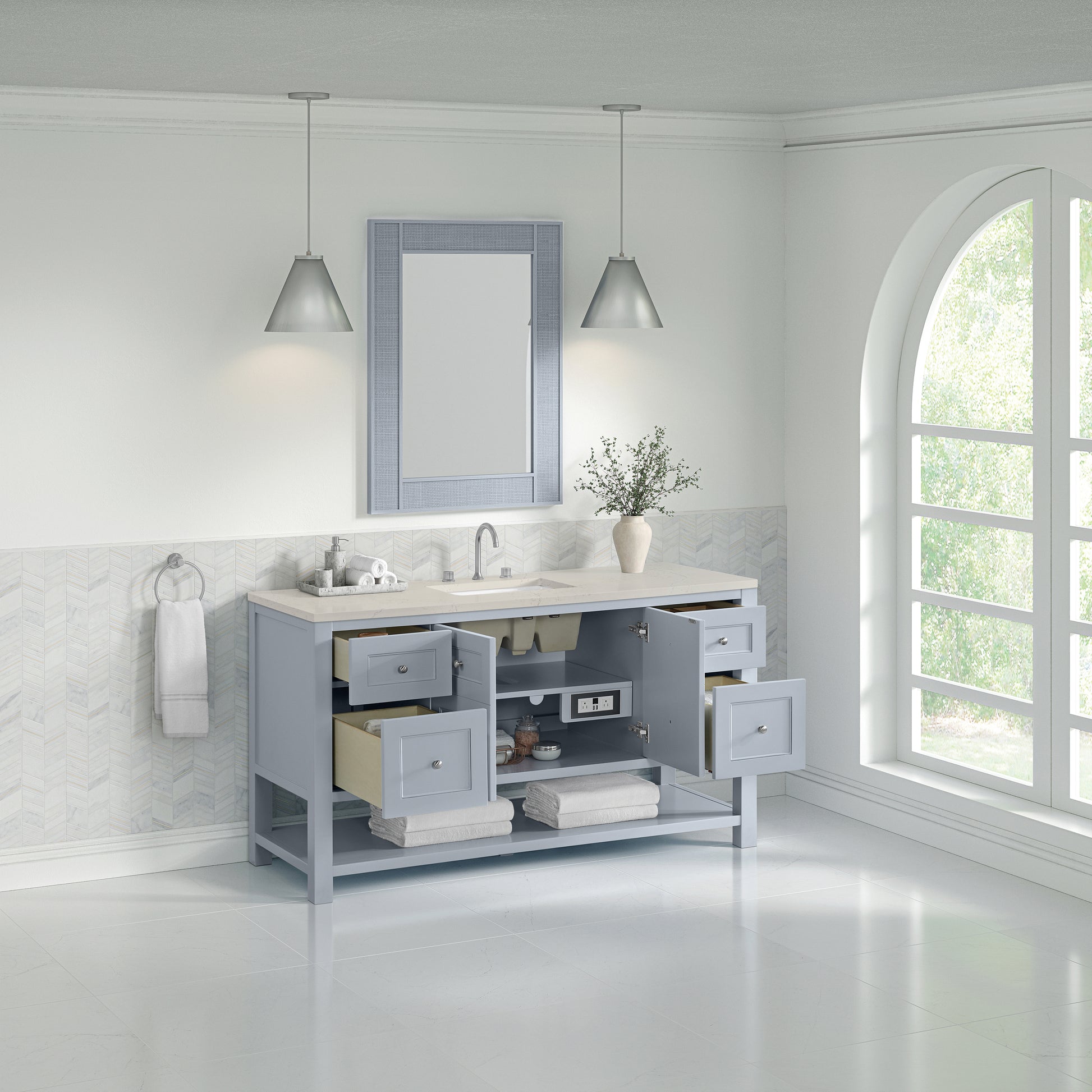 Renovate for Less Atlanta Breckenridge 60" Single Vanity, Serenity Blue, w/ 3 CM Siberian Silestone Top w/FreePower Wireless Charger