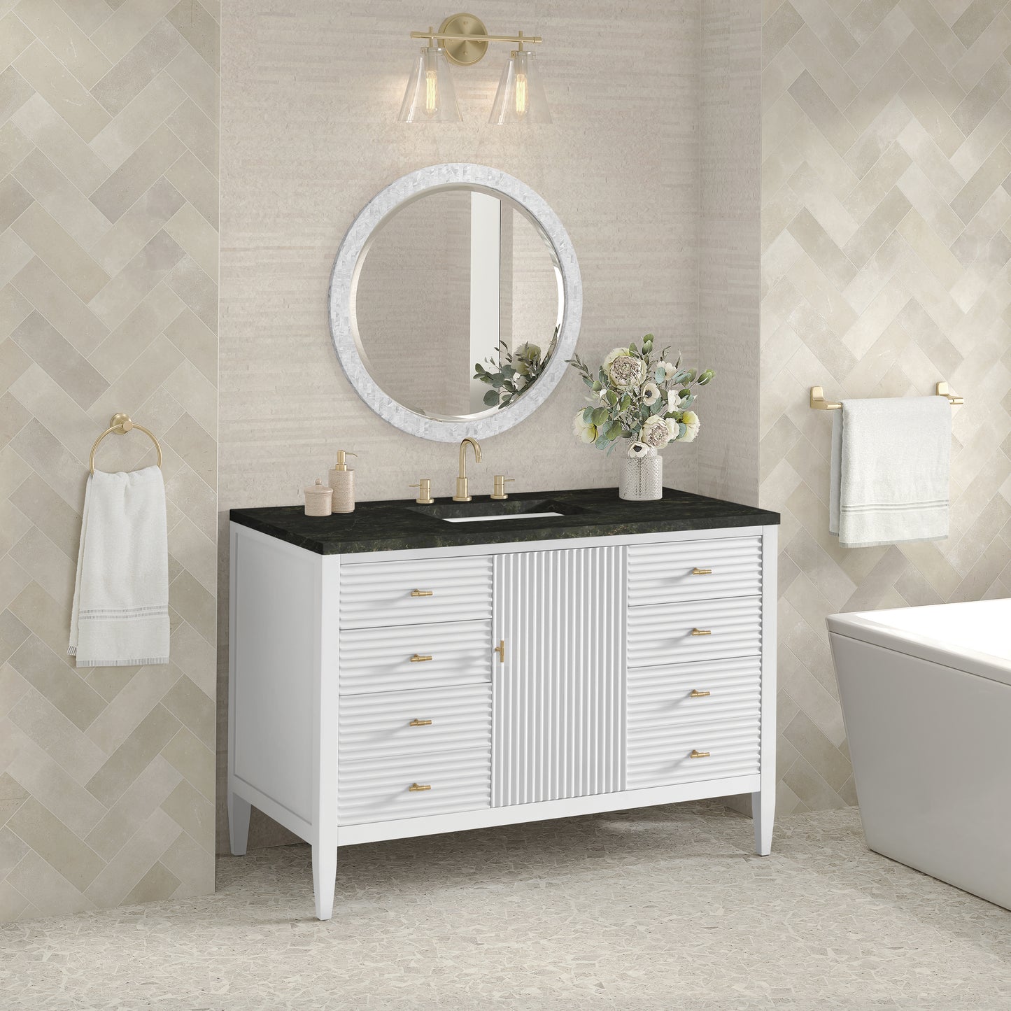 Renovate for Less Atlanta Myrrin 48" Single Vanity, Bright White, w/ 3 CM Phantome Eclos Top
