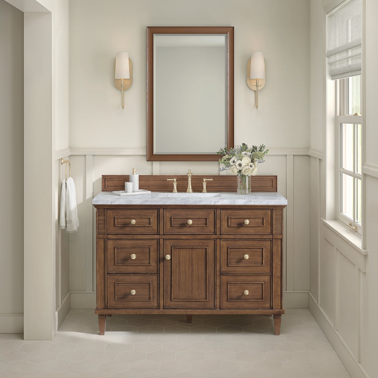 Renovate for Less Atlanta Lorelai 48" Single Vanity, Mid-Century Walnut w/ 3 CM Carrara White Marble Top