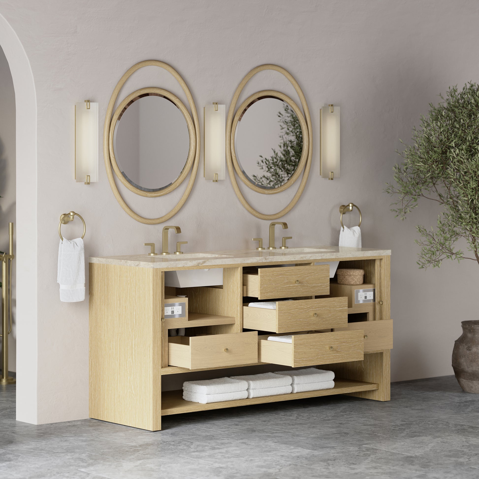 Renovate for Less Atlanta Marigot 72" Double Vanity, Sunwashed Oak, w/ 3 CM Tajnar Eclos Top w/FreePower Wireless Charger