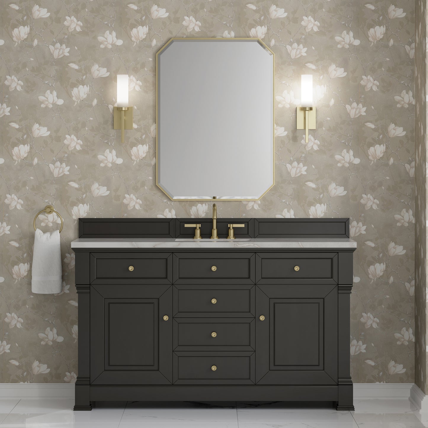 Renovate for Less Atlanta Brookfield 60" Single Vanity, Black Onyx w/ 3 CM Victorian Silver Silestone Top w/ FreePower Wireless Charger