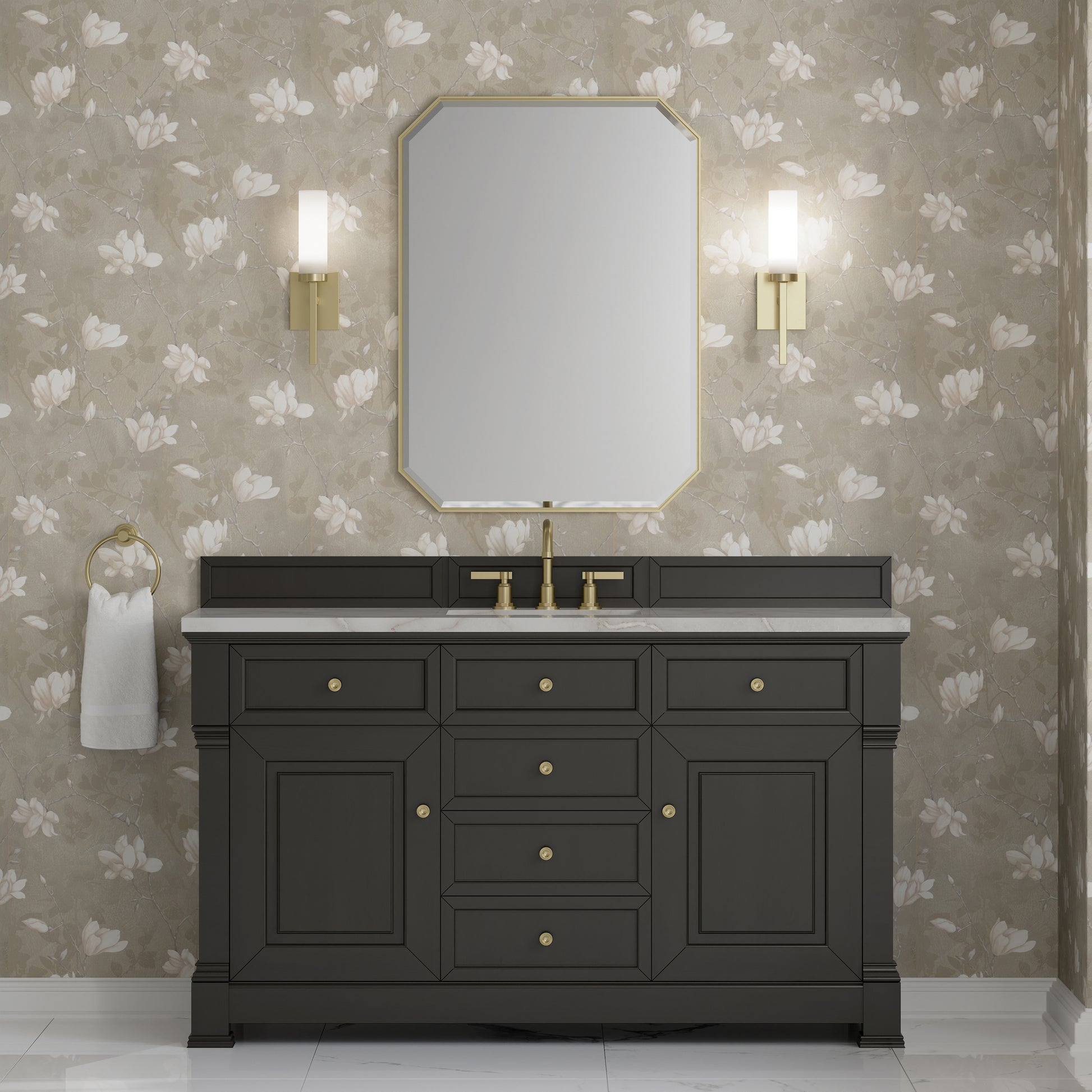 Renovate for Less Atlanta Brookfield 60" Single Vanity, Black Onyx w/ 3 CM Victorian Silver Silestone Top w/ FreePower Wireless Charger
