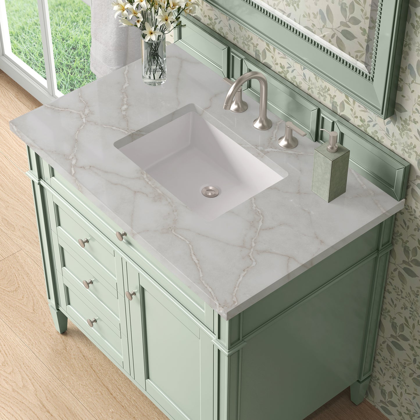 Renovate for Less Atlanta Brittany 36" Single Vanity, Sage Green w/ 3 CM Victorian Silver Silestone Top