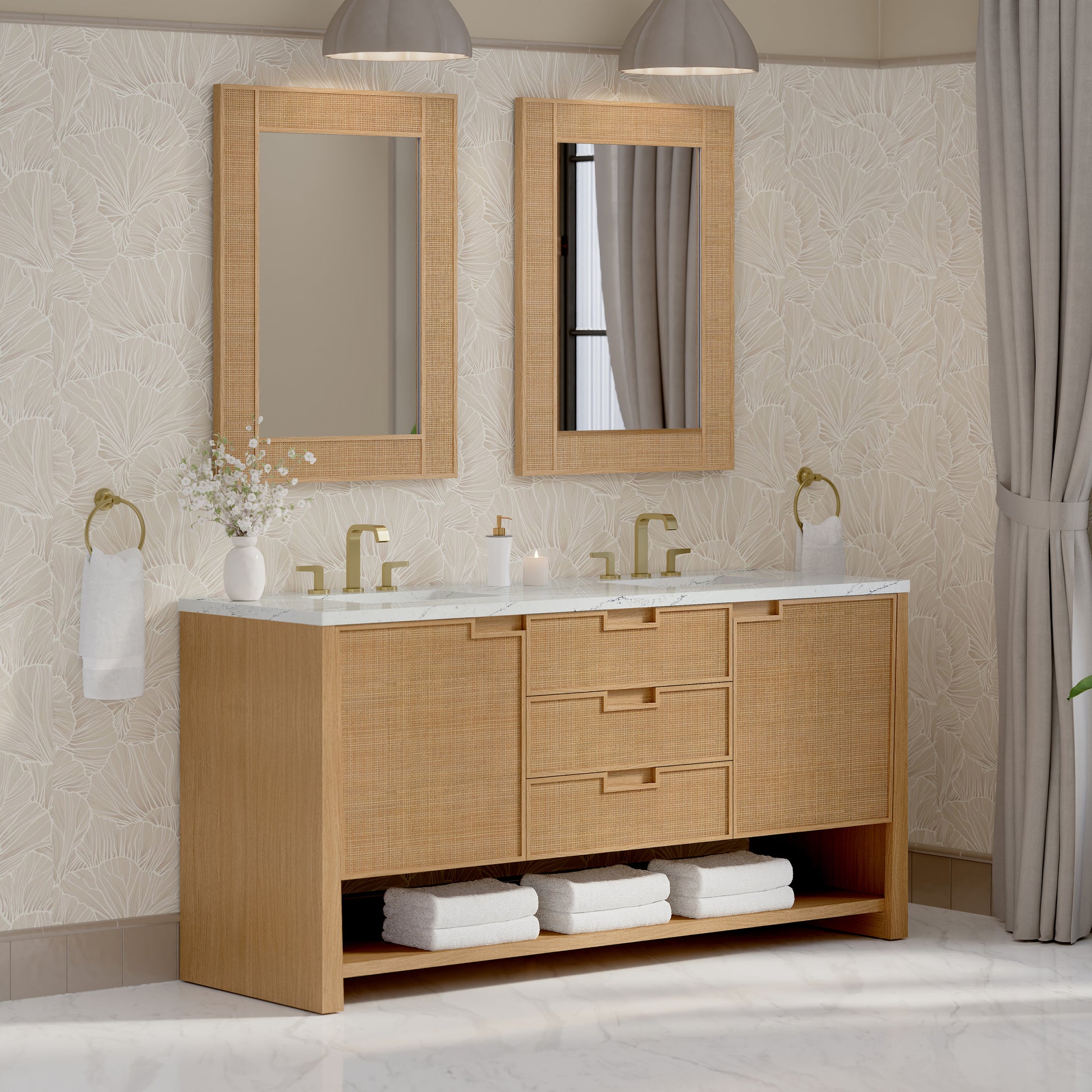 Renovate for Less Atlanta Solene 72" Double Vanity, Seaside Oak, w/ 3 CM Ethereal Noctis Silestone Top w/ FreePower Wireless Charger