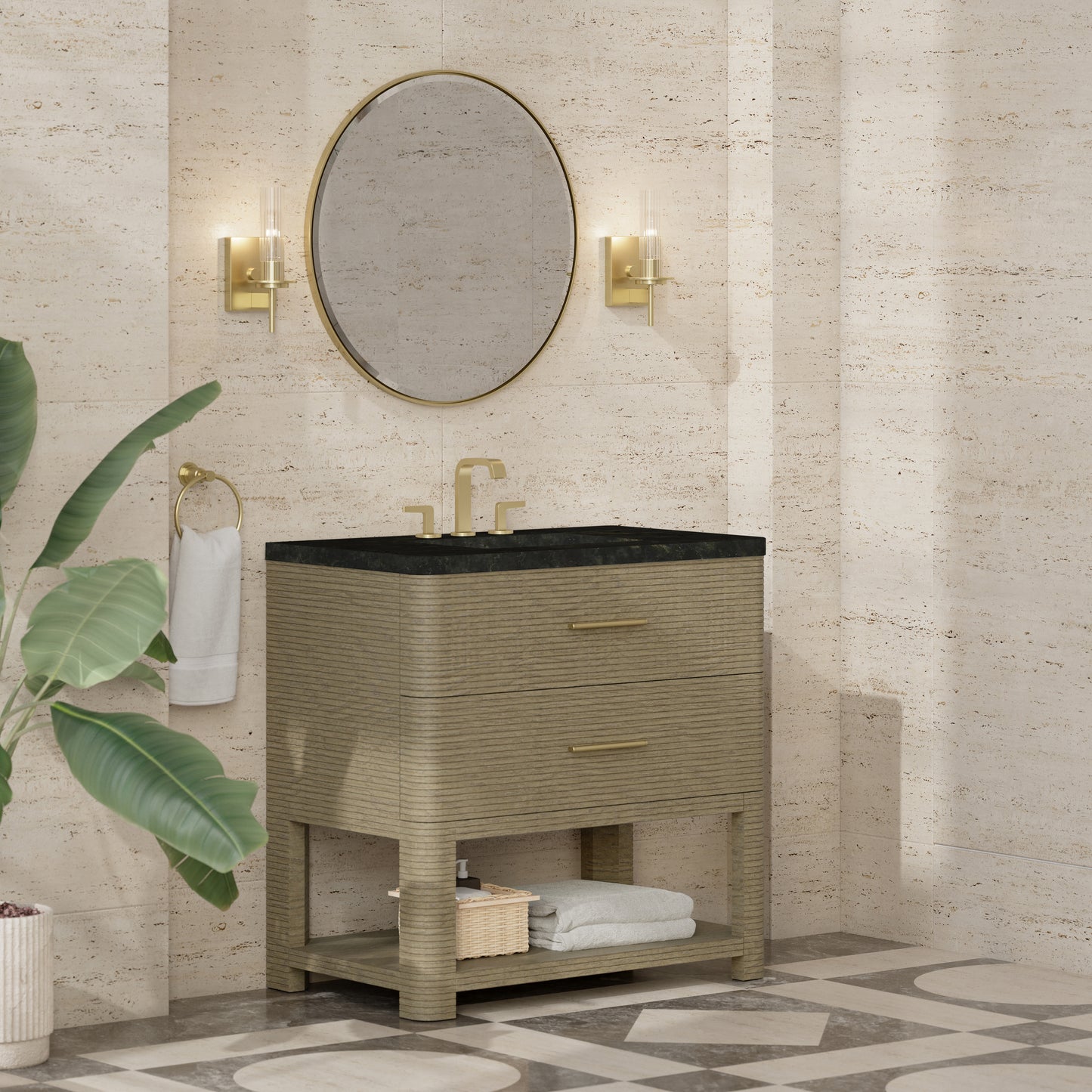 Renovate for Less Atlanta Lucian 36" Single Vanity, Pebble Oak, w/ 3 CM Phantome Eclos Widespread Top