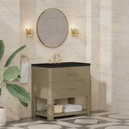Renovate for Less Atlanta Lucian 36" Single Vanity, Pebble Oak, w/ 3 CM Phantome Eclos Widespread Top