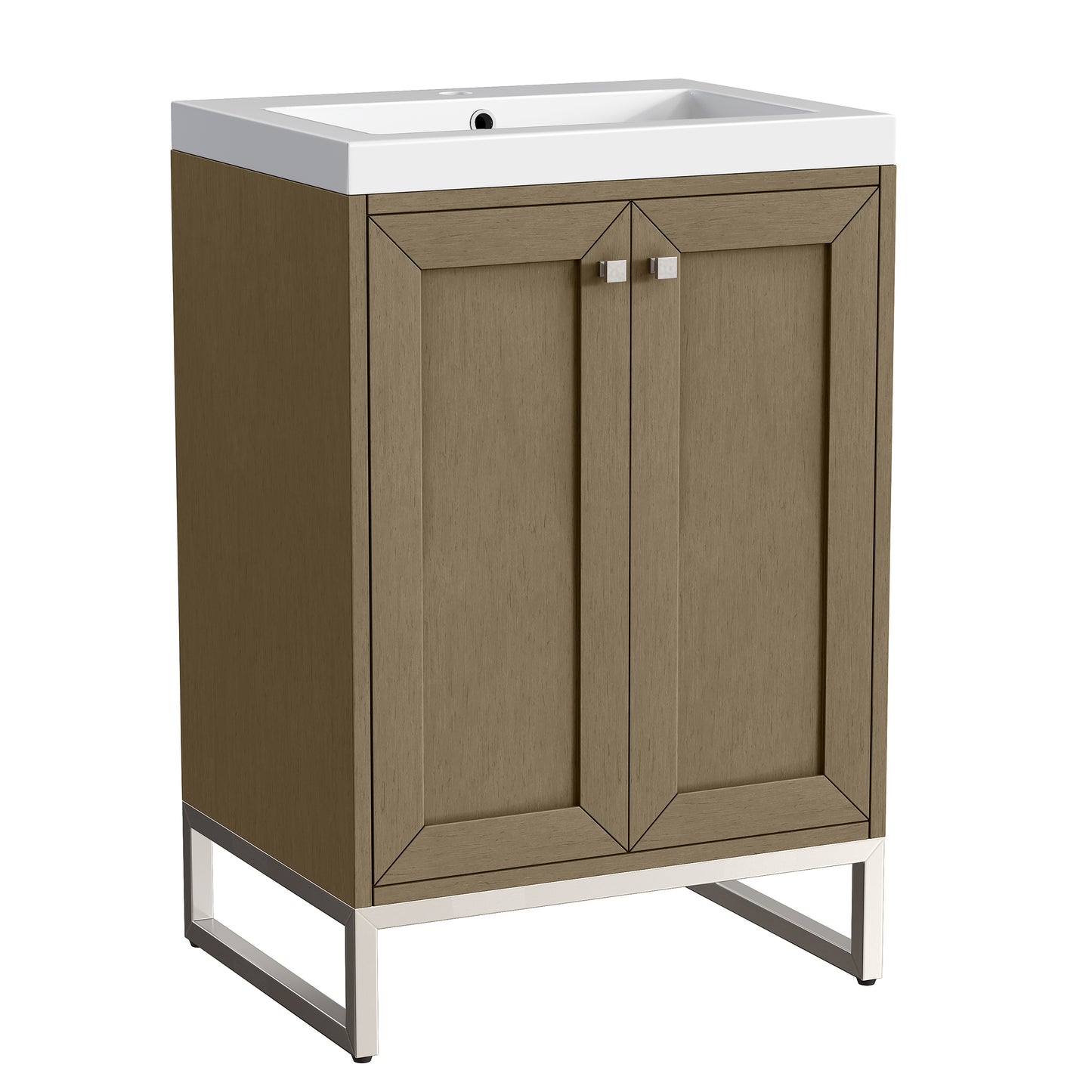 Renovate for Less Atlanta Chianti 24" Single Vanity, Walnut Whisper, Brushed Nickel, w/ White Glossy Composite Stone Top