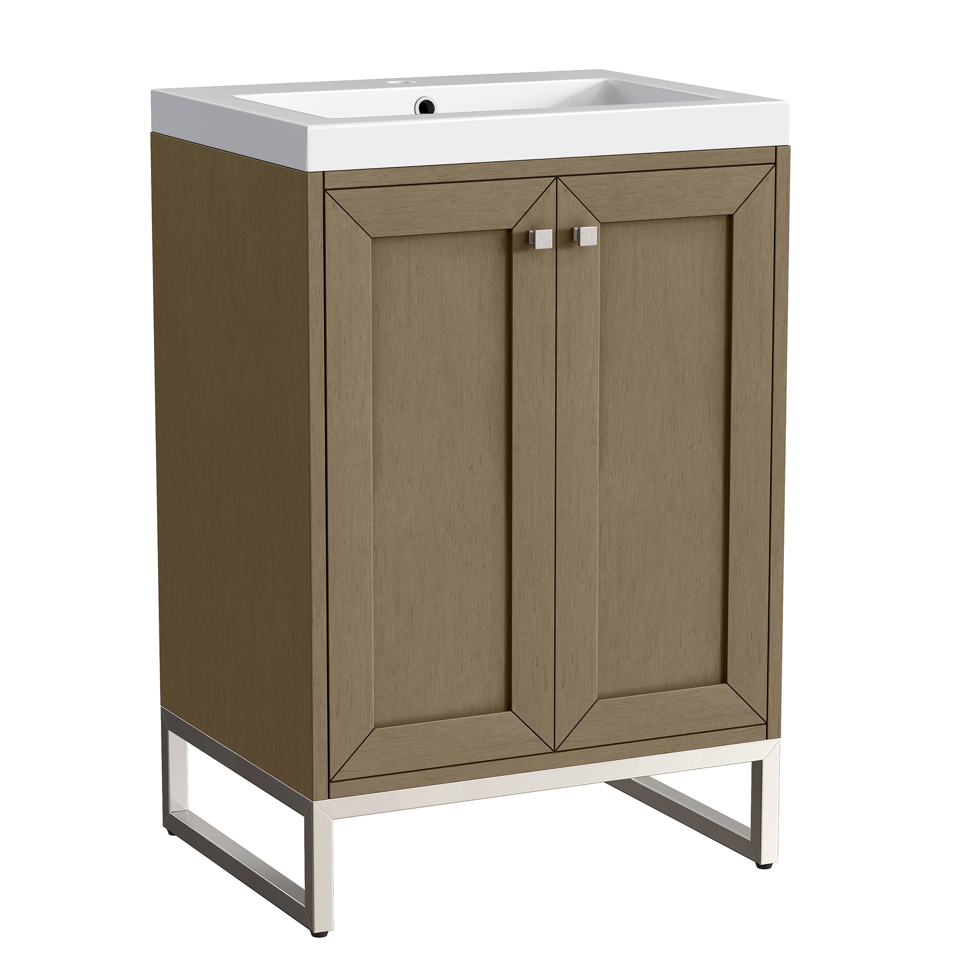 Renovate for Less Atlanta Chianti 24" Single Vanity, Walnut Whisper, Brushed Nickel, w/ White Glossy Composite Stone Top