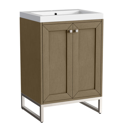Renovate for Less Atlanta Chianti 24" Single Vanity, Walnut Whisper, Brushed Nickel, w/ White Glossy Composite Stone Top