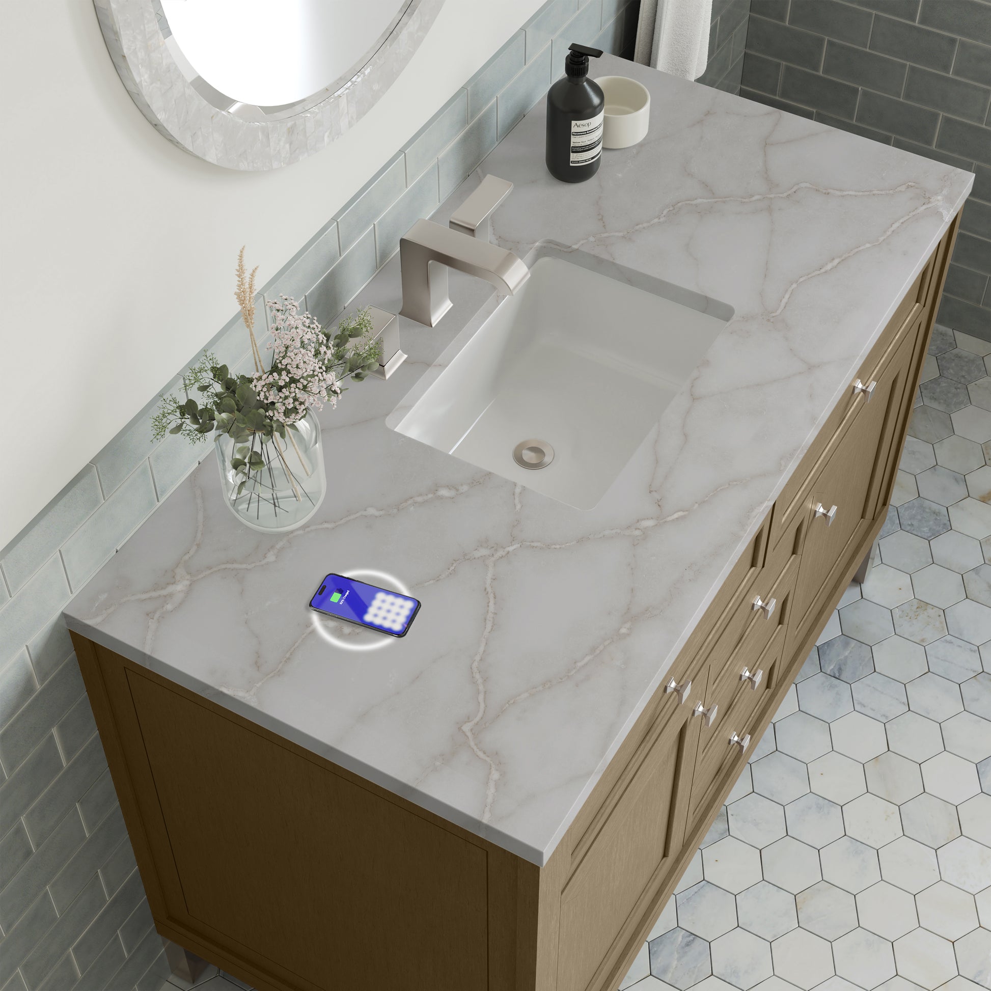 Renovate for Less Atlanta Chicago 48" Single Vanity, Walnut Whisper, w/ 3 CM Victorian Silver Silestone® Top w/FreePower Wireless Charger