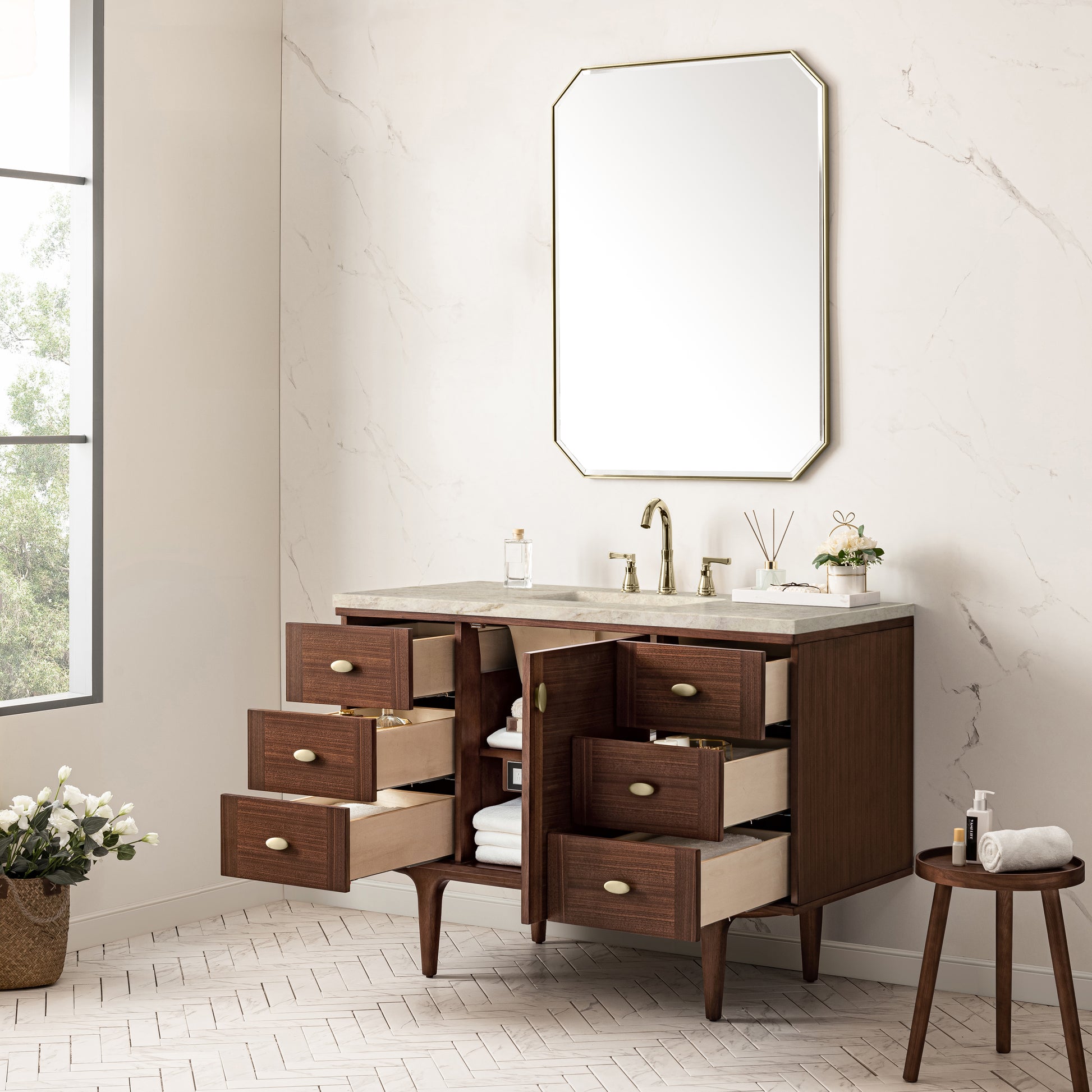 Renovate for Less Atlanta Amberly 48" Single Vanity, Mid-Century Walnut, w/ 3 CM Tajnar Eclos Top w/FreePower Wireless Charger